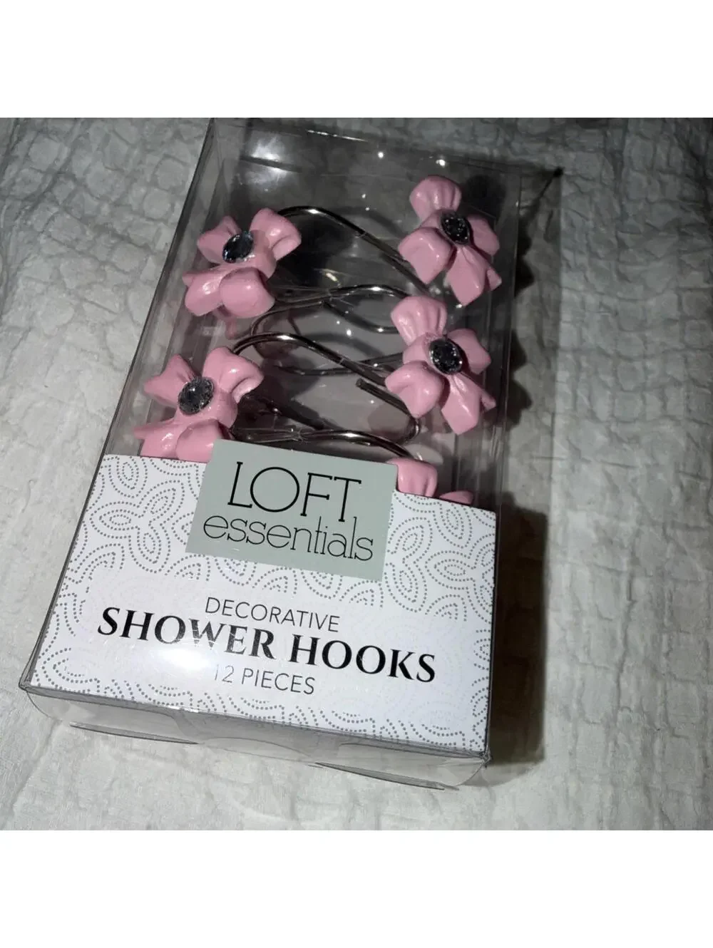 12 Pc Resin Pink Bows w/ diamond accent Shower Curtain Hooks NEW